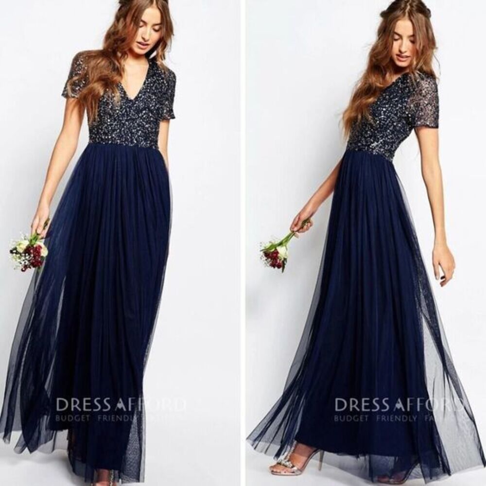New! Maya Deluxe Womens V Neck sequins Maxi Dress navy Blue bridal prom‎ tulle